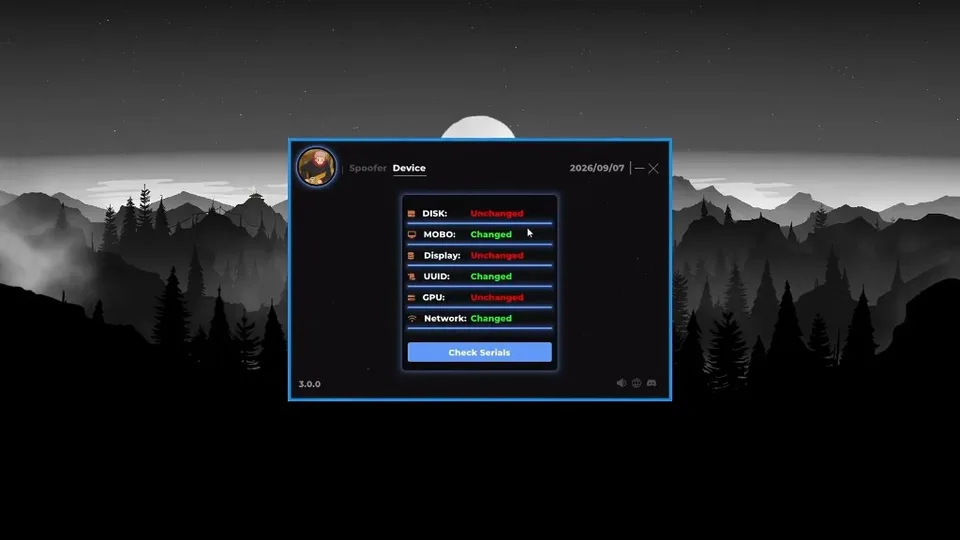 Portal table listing disk, board, display, UUID, GPU, and network values with changed or unchanged labels next to a serial check button.