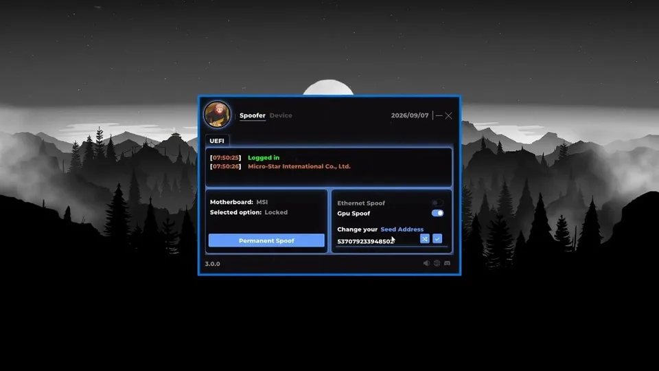 Dark dashboard UEFI tab with permanent spoof toggle, GPU and ethernet switches, and a seed input field.